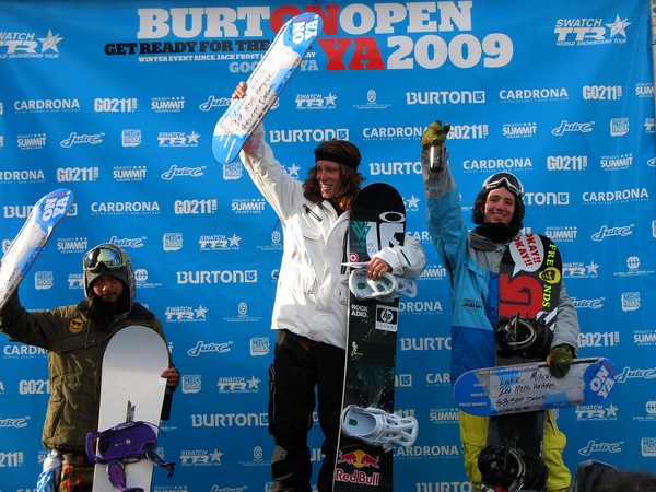 Halpipe Men Burton Open 2009. From left: Kazuhiro Kokubo 3rd (JAP), Shaun White 1st (USA) and Luke Mitrani 2nd (USA).